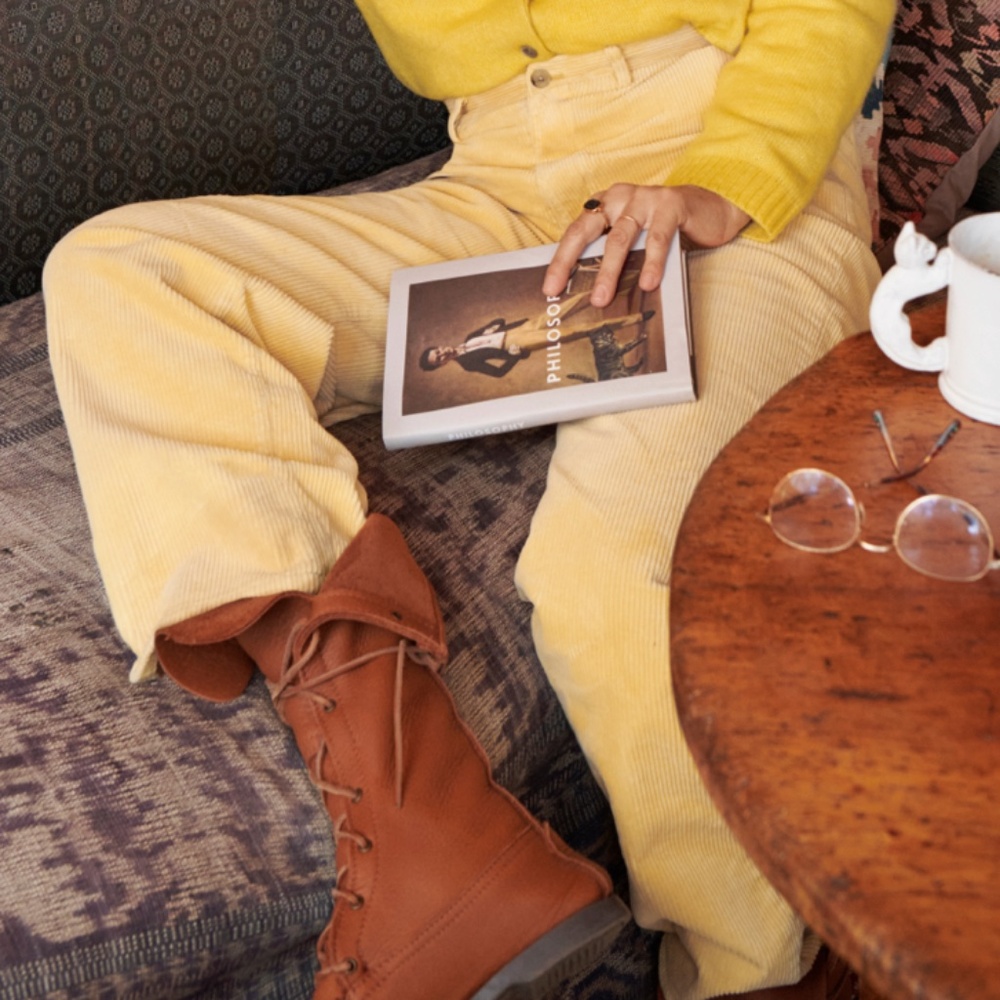 Ines de la Fressange Uniqlo colab light yellow corduroy wide leg baggy pants NWT